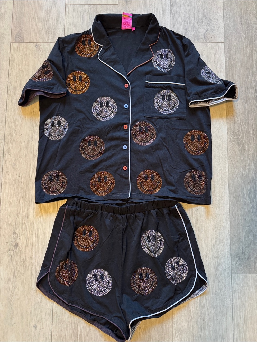QUEEN OF SPARKLES Black Short Pajama Set with Glitter Smileys